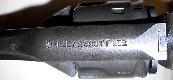 detail, Webley Mk IV top of frame with marking: WEBLEY & SCOTT LTD